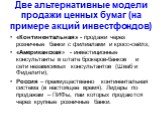 Две альтернативные модели продажи ценных бумаг (на примере акций инвестфондов). «Континентальная» - продажи через розничные банки с филиалами и кросс-сейлз; «Американская» - инвестиционные консультанты в штате брокеров-банков и сети независимых консультантов (Шваб и Фиделити); Россия – преимуществен