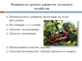 Показатели уровня развития сельского хозяйства. Производство аграрной продукции на душу населения; На единицу с/х угодий; Уровень механизации; Уровень химизации; Производительность труда; Самообеспеченность страны продовольствием.