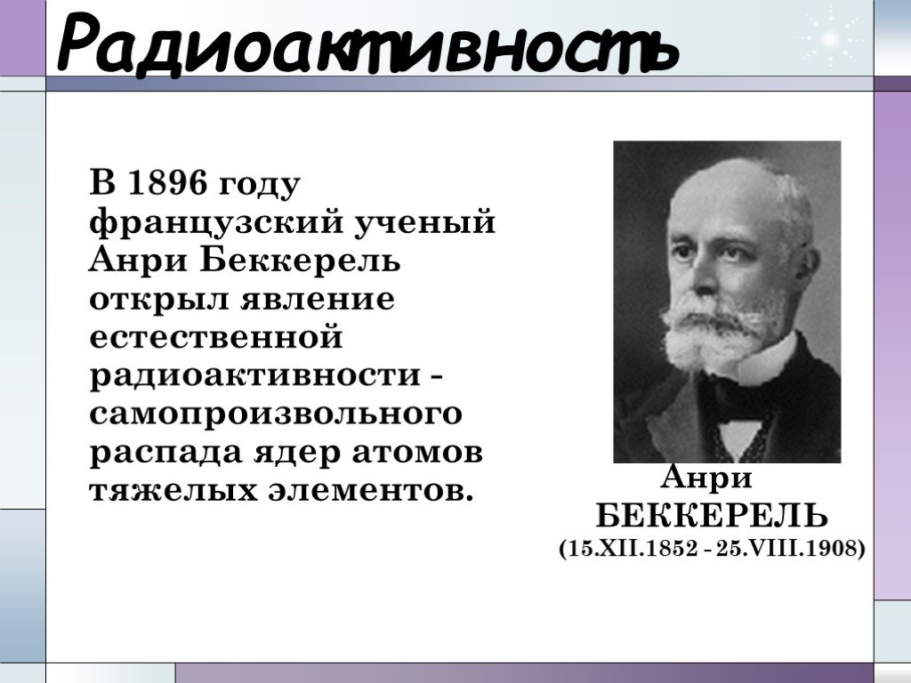 Какой ученый открыл радиоактивность. В 1896 году французский ученый Анри Беккерель. Анри Беккерель открытие в 1896 году. Антуан Анри Беккерель радиоактивность. Анри Беккерелем явления радиоактивности.