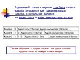 В двоичной записи первые три бита записи адреса отводятся для идентификации класса, а остальные делятся на адрес сети и адрес компьютера в сети. Таким образом – адрес состоит из двух частей: адреса сети и номера компьютера.