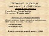 Обязательные экзамены: Русский язык– 5 июня (вторник) Математика– 29 мая (вторник) Экзамены по выбору выпускника: Обществознание, физика, география, информатика и ИКТ, химия, биология, литература: 1 июня (пятница) 14 июня (четверг) Начало экзаменов в новой форме – в 10.00. Расписание экзаменов, пров