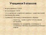 Учащиеся 9 классов. не допущенные к Г(И)А не прошедшие Г(И)А (по усмотрению родителей (законных представителей) повторное обучение справка об обучении установленного образца через год – право пройти Г(И)А в форме экстерната экзамены по предметам, по которым в справке выставлены неудовлетворительные 