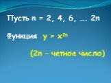 Пусть n = 2, 4, 6, …. 2n Функция у = х2n (2n – четное число)