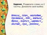 Задание. Разделите слова на 2 группы. Докажите свой выбор. Мякиш_, плач_, молодеж_, приемыш_, теч_, малыш_, брош_, кирпич_, царевич_, экипаж_, суш_, роскош_.