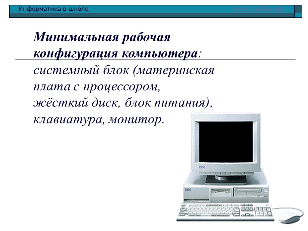 Конфигурация компьютера. Минимальная конфигурация компьютера. Минимальная конфигурация компьютера Информатика. Конфигурация ПК это в информатике. Минимальная работоспособная конфигурация компьютера.