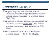 Дисковод и CD-ROM. Для транспортировки данных между удаленным компьютерами используются гибкие диски (дискеты) и компакт-диски CD-ROM. Для записи и чтения данных, размещенных на дискетах, служит дисковод. Для чтения компакт дисков служат дисководы CD-ROM. Емкость одной дискеты – 1.44 Мбайт, компакт-
