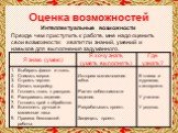 Оценка возможностей. Интеллектуальные возможности Прежде чем приступить к работе, мне надо оценить свои возможности: хватит ли знаний, умений и навыков для выполнения задуманного.