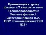 Презентация к уроку физики в 7 классе по теме «Теплопроводность» Учитель физики 1 категории Иванов В.А. МОУ «Гамалеевская СОШ №2»