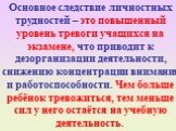 Основное следствие личностных трудностей – это повышенный уровень тревоги учащихся на экзамене, что приводит к дезорганизации деятельности, снижению концентрации внимания и работоспособности. Чем больше ребёнок тревожиться, тем меньше сил у него остаётся на учебную деятельность.