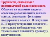 Трудности, связанные с непривычной ролью взрослого. Обычно на экзамене педагог, особенно работающий в данном классе, совмещает функции поддержки и оценки. В ситуации ЕГЭ присутствующие педагоги – это только наблюдатели, что также может повышать тревогу у выпускников.