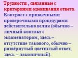 Трудности , связанные с критериями оценивания ответа. Контраст с привычными проверочными процедурами действительно велик (обычно – личный контакт с экзаменатором, здесь – отсутствие такового, обычно – развёрнутый цветистый ответ, здесь – лаконичный).