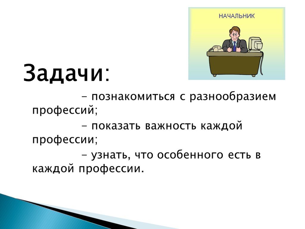 Профессии и их задачи. Задачи руководителя. Выводы на тему многообразия профессий.