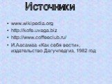 www.wikipedia.org http://kofe.uvaga.biz http://www.coffeeclub.ru/ И.Аасамаа «Как себя вести», издательство Дагучпедгиз, 1982 год. Источники