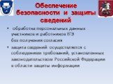 Обеспечение безопасности и защиты сведений. обработка персональных данных участников и работников ЕГЭ без получения согласия защита сведений осуществляется с соблюдением требований, установленных законодательством Российской Федерации в области защиты информации