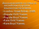 Данные вносятся на стенд на английском и русском языках под заголовком London, Great Britain, 2008 Popular Girls’ Names Popular Boys’ Names Rare Girls’ Names Rare Boys’ Names.