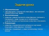 Задачи урока. 1. Образовательные: сформировать понятие об атмосфере, как внешней газовой оболочке Земли. 2. Воспитательные: развитие умений выявлять атмосферные явления и связанные с ними процессы в литературно-художественных, исторических и научных описаниях. 3. Развивающие: развитие познавательног