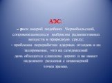 АЭС: - риск аварий подобных Чернобыльской, сопровождающихся выбросом радиоактивных веществ в природную среду; - проблемы переработки ядерных отходов и их захоронения, что на сегодняшний день обходится слишком дорого и не имеет надежного решения с инженерной точки зрения.