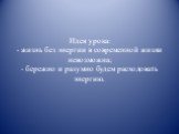 Идея урока: - жизнь без энергии в современной жизни невозможна; - бережно и разумно будем расходовать энергию.