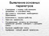 Выявление основных параметров. Совпадение с моими собственными желаниями и способностями. Доступность получения необходимого образования. Возможность трудоустройства. Престиж профессии. Материальные затраты на получение профессии должны совпадать с доходами семьи. Высокая заработная плата. Одобрение