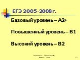 ЕГЭ 2005-2008 г. Базовый уровень – А2+ Повышенный уровень – В1 Высокий уровень – В2