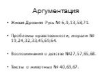 Живая Древняя Русь № 6,9,13,58,71. Проблемы нравственности, морали № 19,24,32,33,45,69,64. Воспоминания о детстве №27,57,65,68. Тексты о животных № 40,63,67.