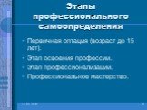 Этапы профессионального самоопределения. Первичная оптация (возраст до 15 лет). Этап освоения профессии. Этап профессионализации. Профессиональное мастерство.