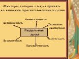 Факторы, которые следует принять во внимание при изготовлении изделия. Универсальность Эстетичность Конструктивность Экологичность Экономичность