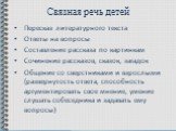 Связная речь детей. Пересказ литературного текста Ответы на вопросы Составление рассказа по картинкам Сочинение рассказов, сказок, загадок Общение со сверстниками и взрослыми (развернутость ответа, способность аргументировать свое мнение, умение слушать собеседника и задавать ему вопросы)