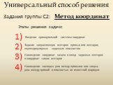 Этапы решения задачи: Введение прямоугольной системы координат. Задание направляющих векторов прямых или векторов, перпендикулярных заданным плоскостям. Нахождение координат начала и конца заданных векторов и координат самих векторов. 1) 2) 3). Нахождение косинуса угла между прямыми или синуса угла 