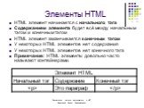 Элементы HTML. HTML элемент начинается с начального тэга Содержанием элемента будет всё между начальным тэгом и конечным тэгом HTML элемент заканчивается конечным тэгом У некоторых HTML элементов нет содержания У некоторых HTML элементов нет конечного тэга Примечание: HTML элементы довольно часто на