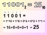 1 1 0 0 1 = = 1*16 + 1*8 + 0*4 + 0*2 + 1*1 = = 16+8+0+0+1 = 25. = 25