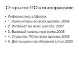 Открытое ПО в информатике. Информатика в Школах 1. Компьютеры во всех школах, 2004 2. Интернет во всех школах, 2007 3. Базовый пакеты программ,2008 4. Открытое ПО во всех школах,2008 5. Дистанционное обучение Linux,2009