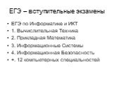 ЕГЭ – вступительные экзамены. ЕГЭ по Информатике и ИКТ 1. Вычислительная Техника 2. Прикладная Математика 3. Информационные Системы 4. Информационная Безопасность +. 12 компьютерных специальностей