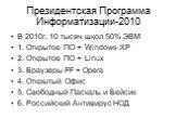 Президентская Программа Информатизации-2010. В 2010г. 10 тысяч школ 50% ЭВМ 1. Открытое ПО + Windows ХР 2. Открытое ПО + Linux 3. Браузеры FF + Opera 4. Открытый Офис 5. Свободный Паскаль и Бейсик 6. Российский Антивирус НОД