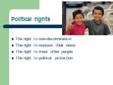 Political rights. The right to non-discrimination The right to express their views The right to meet other people The right to political protection