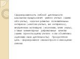 Сформированность учебной деятельности школьника предполагает: умения учиться («умею себя учить»), наличие развитых познавательных интересов («люблю учиться, все интересно»), внутреннюю мотивацию («понимаю, зачем учусь»), а также элементарные рефлексивные качества («умею принять оценку учителя и сам 