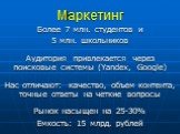 Маркетинг. Более 7 млн. студентов и 5 млн. школьников Аудитория привлекается через поисковые системы (Yandex, Google) Нас отличают: качество, объем контента, точные ответы на четкие вопросы Рынок насыщен на 25-30% Емкость: 15 млрд. рублей