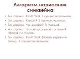 Алгоритм написания синквейна. 1-я строка. Кто? Что? 1 существительное. 2-я строка. Какой? 2 прилагательных. 3-я строка. Что делает? 3 глагола. 4-я строка. Что автор думает о теме? Фраза из 4 слов. 5-я строка. Кто? Что? (Новое звучание темы). 1 существительное