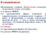 В основной школе. обучающиеся сдавали обязательные экзамены по русскому языку и алгебре: в системе НОКО, в традиционной форме (учащиеся с ограниченными возможностями здоровья –3 ребят и обучающийся в течение длительного времени на дому – 1 чел.; а также повторные экзамены - 12 учащихся по русскому я