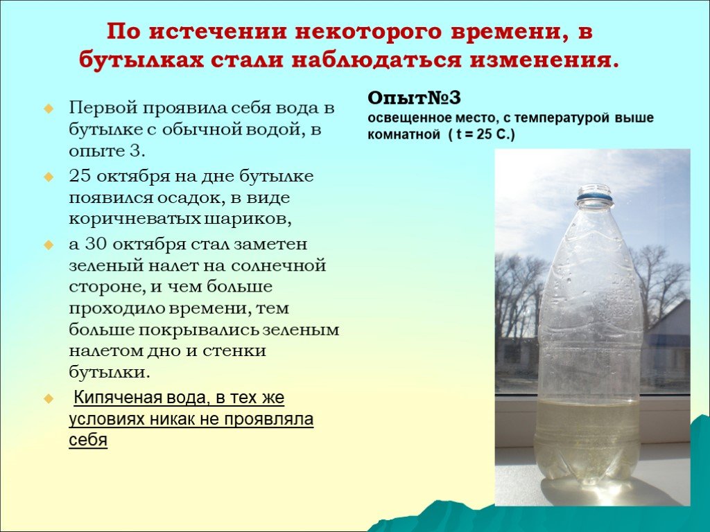Почему позеленела вода. Осадок в бутылке с водой. Почему вода в бутылке. Эксперимент с бутылкой и водой. По истечении некоторого времени.