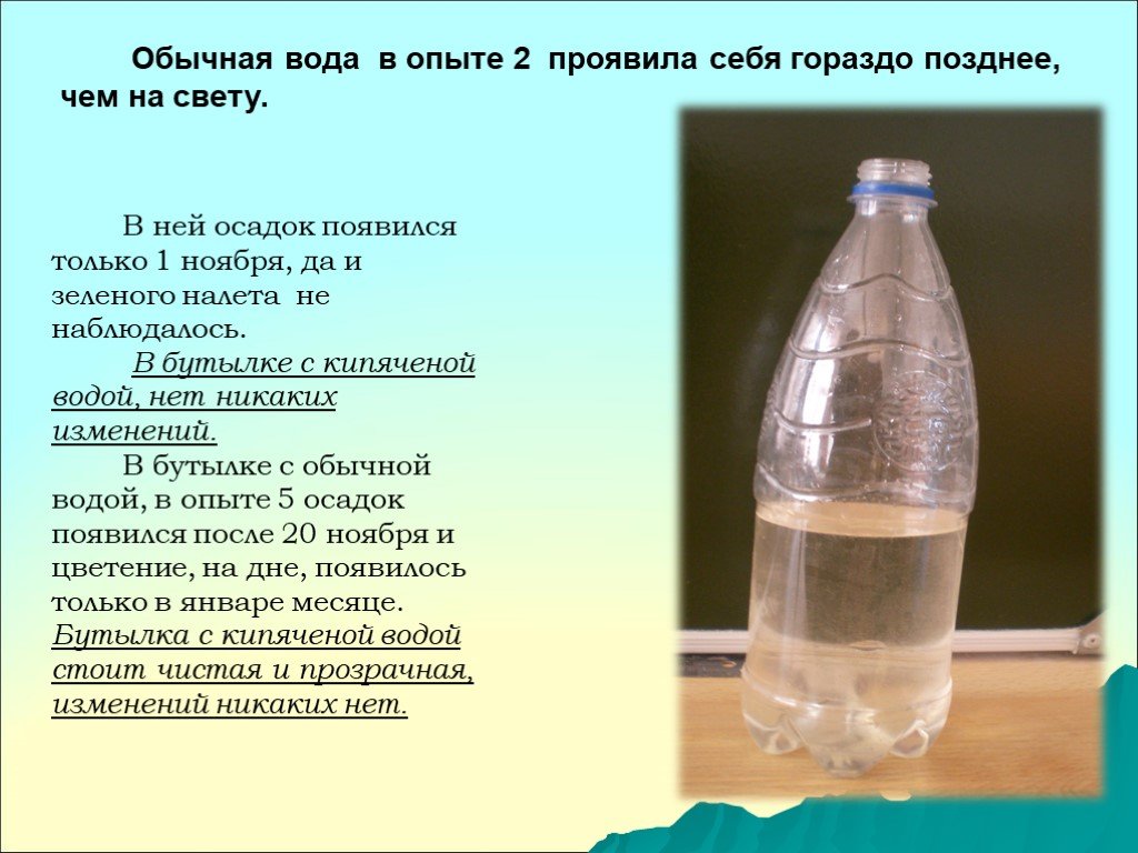 Почему бутылка наполнена водой. Опыт с бутылкой и водой. Вода позеленела в бутылке. Осадок в бутылке с водой. Почему вода в бутылке.