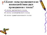 6.Какие силы проявляются во взаимодействии двух проводников с током? а) силы магнитного поля, б) силы электрического поля, в) силы гравитационного поля.