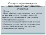 Стимулы первого порядка: «Как поощрение деятельности учащихся». Оценка Яркая образная, эмоциональная речь учителя Словесная похвала (Молодец! Умница!) Организация коллективной деятельности Разноуровневые задания Усложнение заданий (креативный уровень) Сравнение успехов ученика с его прежними Анализ 