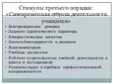 Стимулы третьего порядка: «Своевременная оценка деятельности учащихся». Контролируемое доверие Задание практического характера Юмористическая минутка Запись благодарности в дневник Взаимоконтроль Учебная дискуссия Рейтинг по результатам учебной деятельности в классе и на параллели Решение задач и пр