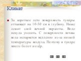 За короткое лето поверхность тундры оттаивает на 10-50 см в глубину. Ниже лежит слой вечной мерзлоты. Воде некуда уходить. С поверхности почвы вода испаряется медленно из-за низкой температуры воздуха. Поэтому в тундре много болот и озёр.