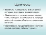 Цели урока: Закрепить и расширить знания детей о птицах, зимующих в наших краях; Познакомить с перелетными птицами; учить находить взаимосвязи в природе и на этой основе объяснять природные явления; Формировать представления о научном поиске, методах работы ученых..