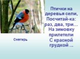 Птички на деревья сели, Посчитай-ка: раз, два, три… На зимовку прилетели С красной грудкой ... Снегирь