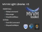 MVVM Light Libraries V3. ESSENTIALS RelayCommand Messenger ViewModelBase EXTRAS EventToCommand DispatcherHelper