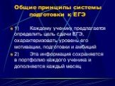 Общие принципы системы подготовки к ЕГЭ. 1) Каждому ученику предлагается определить цель сдачи ЕГЭ, охарактеризовать уровень его мотивации, подготовки и амбиций 2) Эта информация сохраняется в портфолио каждого ученика и дополняется каждый месяц