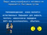 Неповрежденная кожа является естественным барьером для вируса, поэтому невозможна передача ВИЧ при рукопожатиях, объятиях.